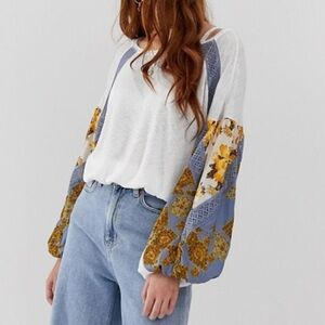 Free People Blue and White Floral Lace Casual Clash Long Sleeve Top, Size Small
